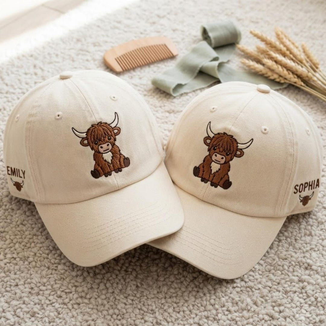 Personalized Highland Cow Cute Baby Calf Side Name embroidered two-tone hat — front view