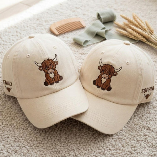 Personalized Highland Cow Cute Baby Calf Side Name embroidered two-tone hat — front view