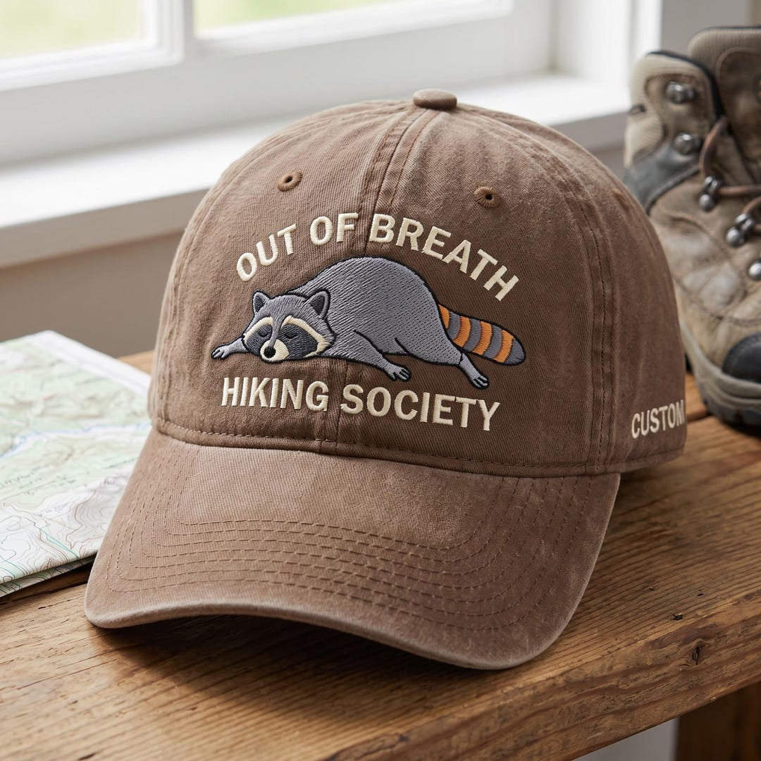 Personalized Out of Breath Hiking Society Tired Raccoon Embroidered Hat — Washed Hat