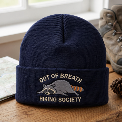 Personalized Out of Breath Hiking Society Tired Raccoon Embroidered Beanie
