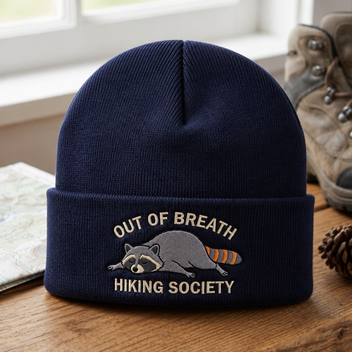 Personalized Out of Breath Hiking Society Tired Raccoon Embroidered Beanie