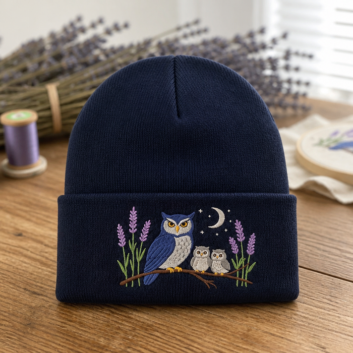 Personalized Owl Family Lavender Moon Night Woodland Embroidered Beanie