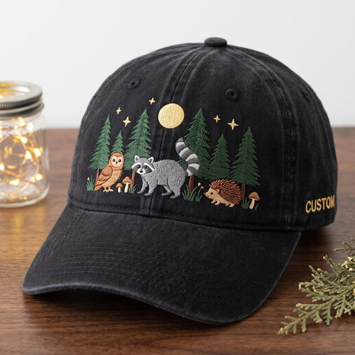 Personalized Woodland Night Owl Raccoon Hedgehog Forest Moon Stars Embroidered Hat — Washed Hat