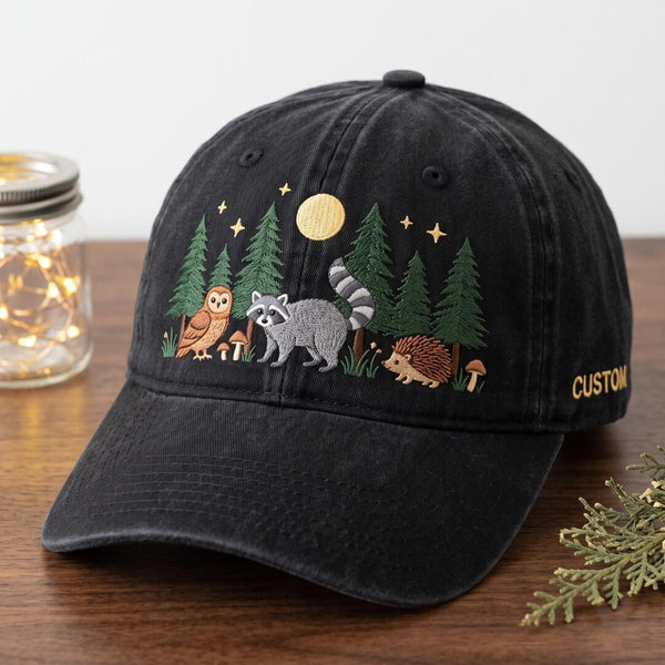 Personalized Woodland Night Owl Raccoon Hedgehog Forest Moon Stars Embroidered Hat — Washed Hat