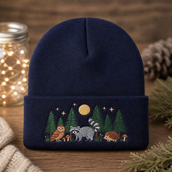 Personalized Woodland Night Owl Raccoon Hedgehog Forest Moon Stars Embroidered Beanie