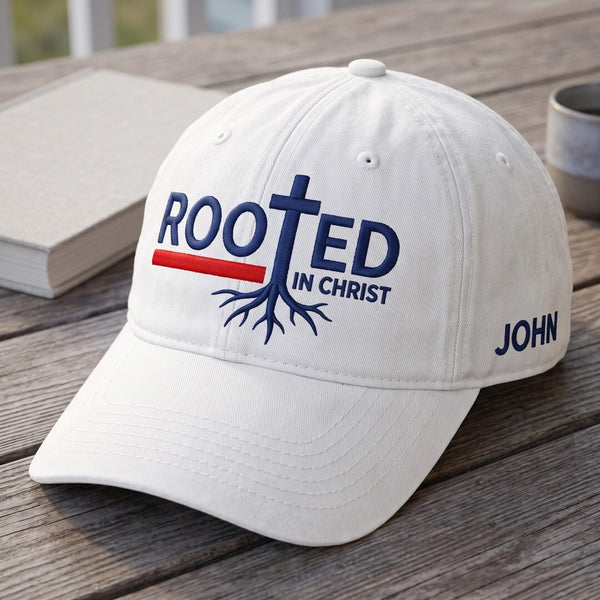 Personalized Rooted In Christ Cross Roots Christian Embroidered Hat — Baseball Cap