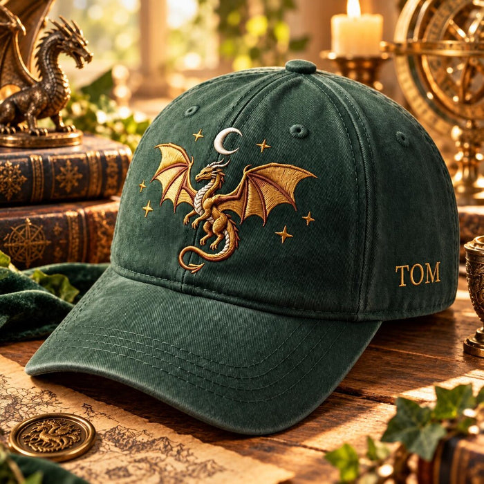 Personalized Dragon Moon Stars Fantasy Medieval Custom Name Embroidered Hat