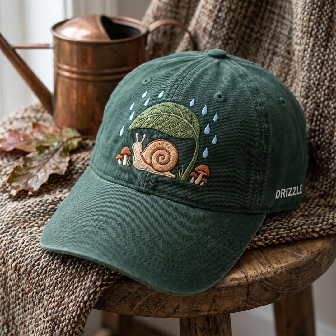 Personalized Snail Under Leaf Rain Mushroom Cottagecore Embroidered Hat — Washed Hat