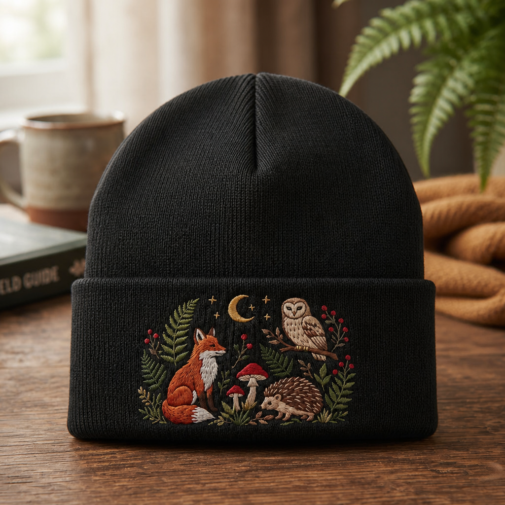Personalized Woodland Fox Owl Hedgehog Mushroom Moon Cottagecore Embroidered Beanie