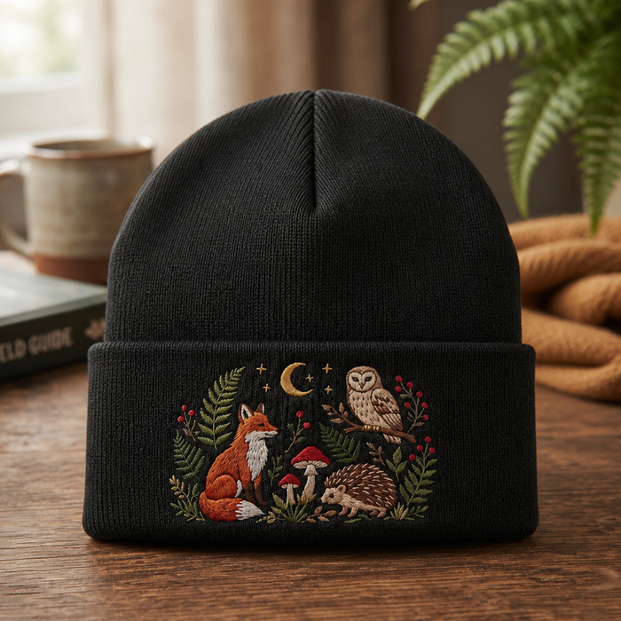 Personalized Woodland Fox Owl Hedgehog Mushroom Moon Cottagecore Embroidered Beanie