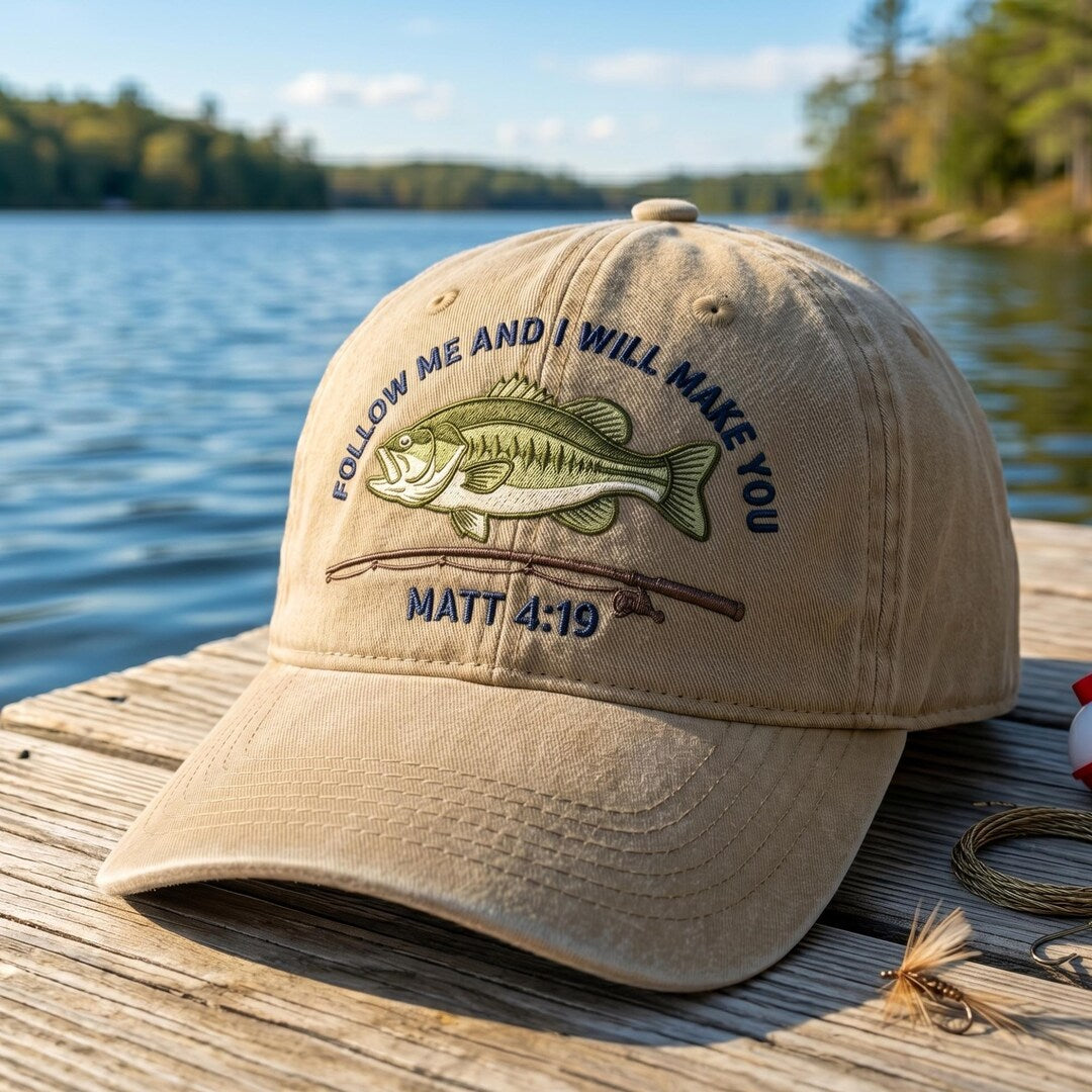 Bass Fishing Fisher of Men Matthew 4:19 Christian Faith Embroidered Hat — Washed Hat