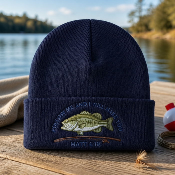 Bass Fishing Fisher of Men Matthew 4:19 Christian Faith Embroidered Beanie