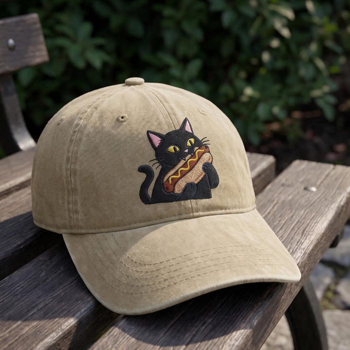 Black Cat Eating Hotdog Funny Foodie Embroidered Hat