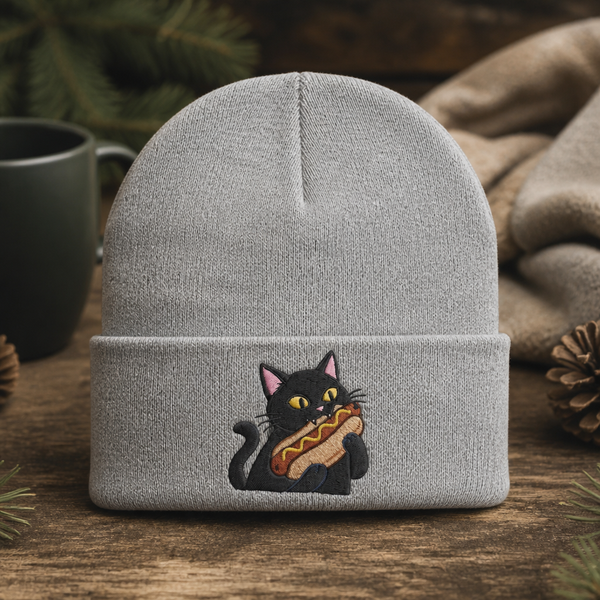 Black Cat Eating Hotdog Funny Foodie Embroidered Beanie