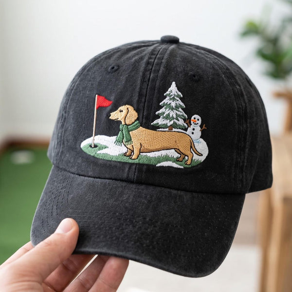 Dachshund Winter Golf Course Snowman Christmas Tree Scarf Embroidered Hat — Washed Hat
