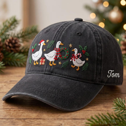 Personalized Christmas Three Geese Santa Scarf Candy Cane Wreath Embroidered Hat — Washed Hat