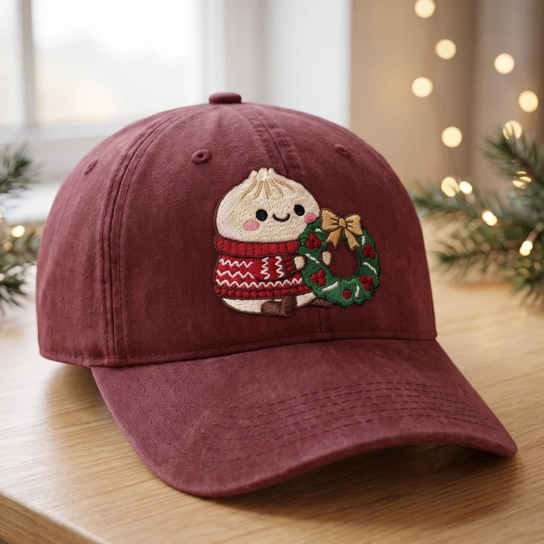 Christmas Dumpling Ugly Sweater Wreath Embroidered Hat — Washed Hat