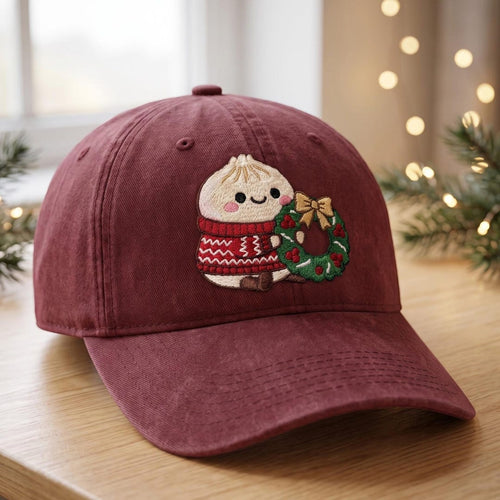 Christmas Dumpling Ugly Sweater Wreath Embroidered Hat — Washed Hat