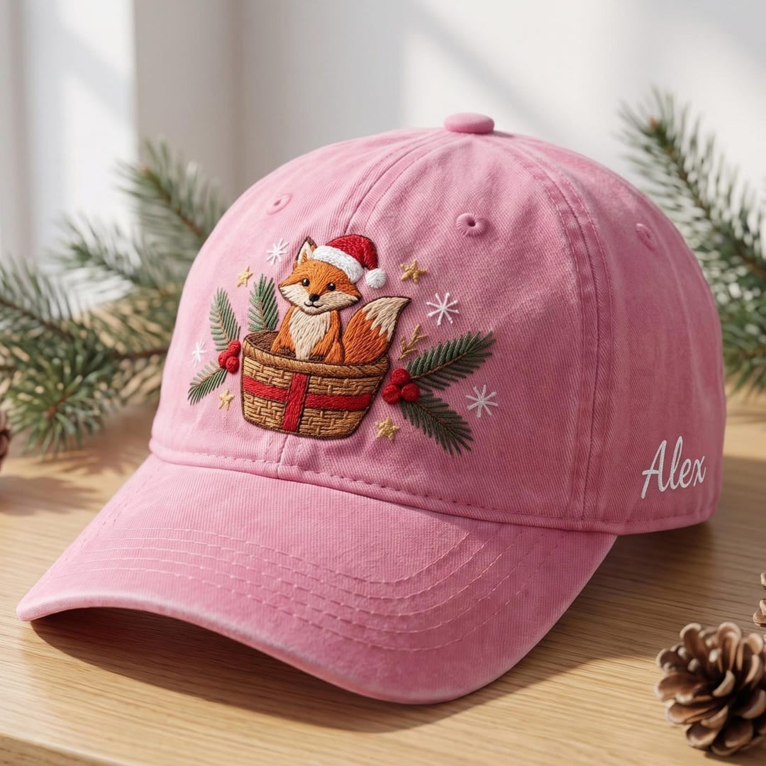 Personalized Christmas Fox Santa Hat Pine Branch Berry Basket Embroidered Hat — Washed Hat