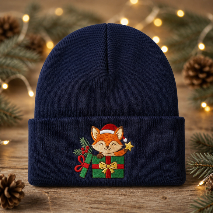 Christmas Fox Santa Hat Gift Box Holiday Embroidered Beanie