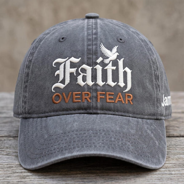 Personalized Faith Over Fear Dove Gothic Christian Embroidered Hat — Washed Hat