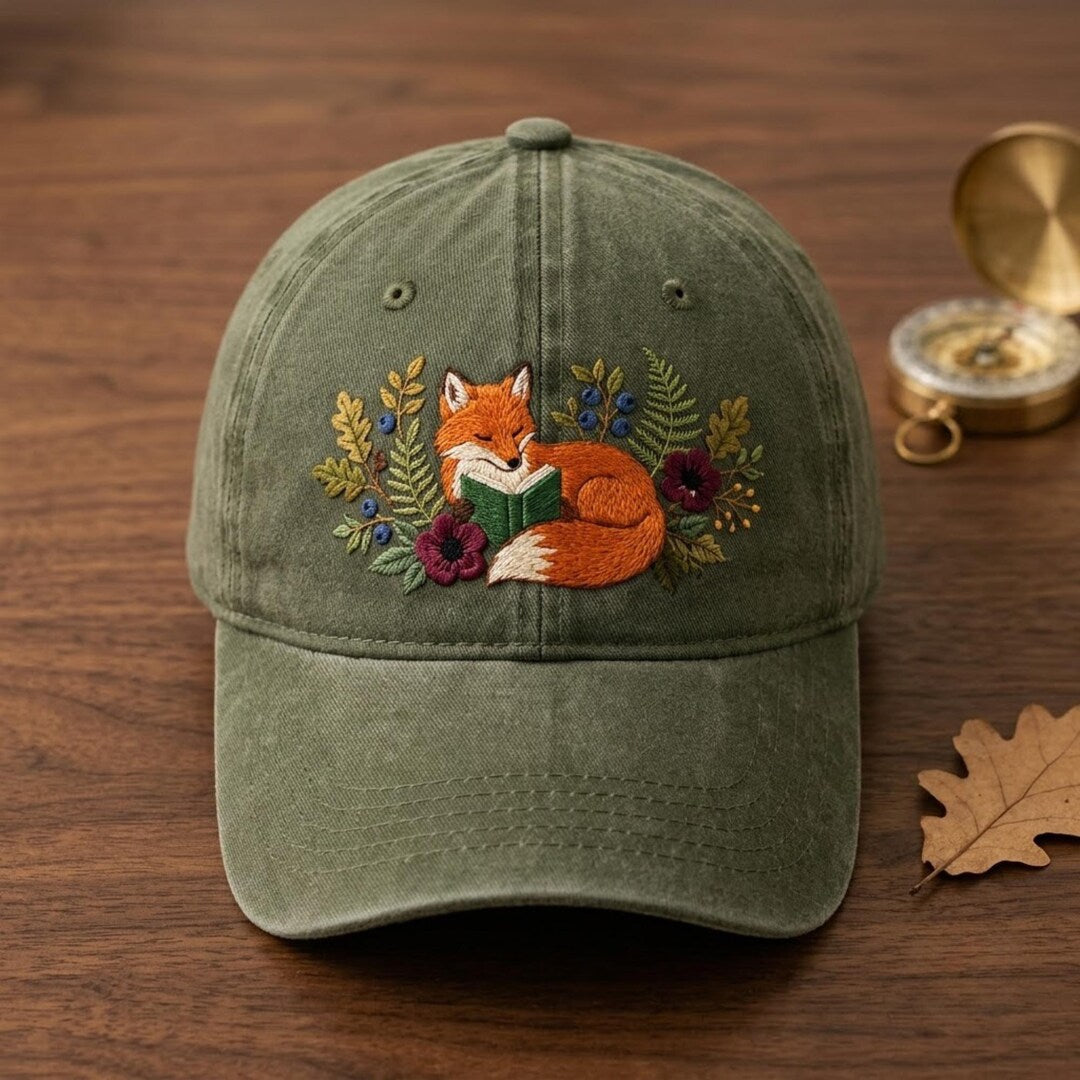 Personalized Reading Fox Floral Forest Book Lover Embroidered Hat — Washed Hat