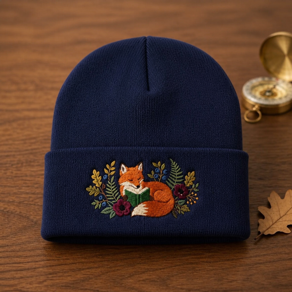 Personalized Reading Fox Floral Forest Book Lover Embroidered Beanie