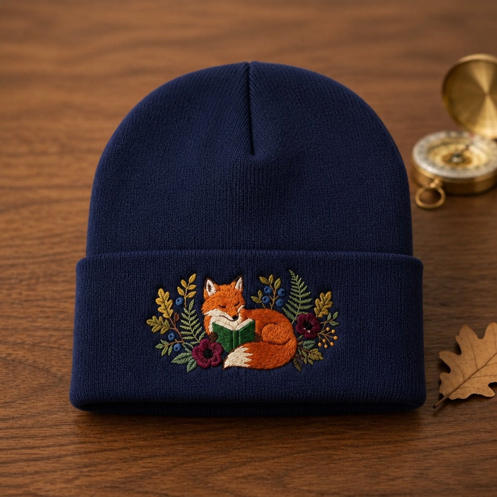 Personalized Reading Fox Floral Forest Book Lover Embroidered Beanie