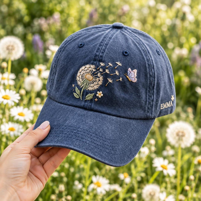 Personalized Dandelion Butterfly Wildflower Custom Name Embroidered Hat
