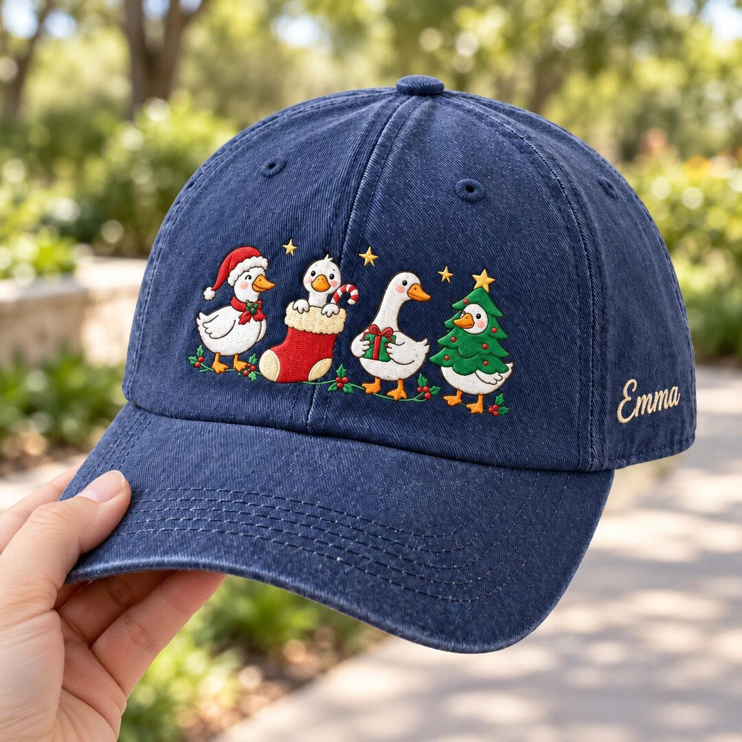 Personalized Christmas Geese Santa Hat Candy Cane Gift Tree Holly Embroidered Hat — Washed Hat