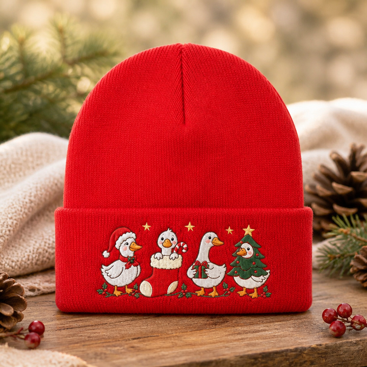 Personalized Christmas Geese Santa Hat Candy Cane Gift Tree Holly Embroidered Beanie