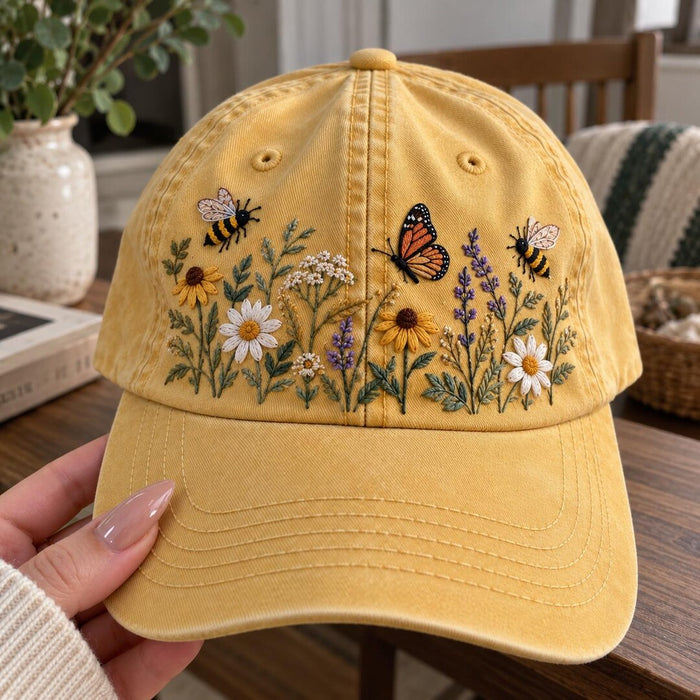 Wildflower Bees Monarch Butterfly Daisy Lavender Meadow Embroidered Hat