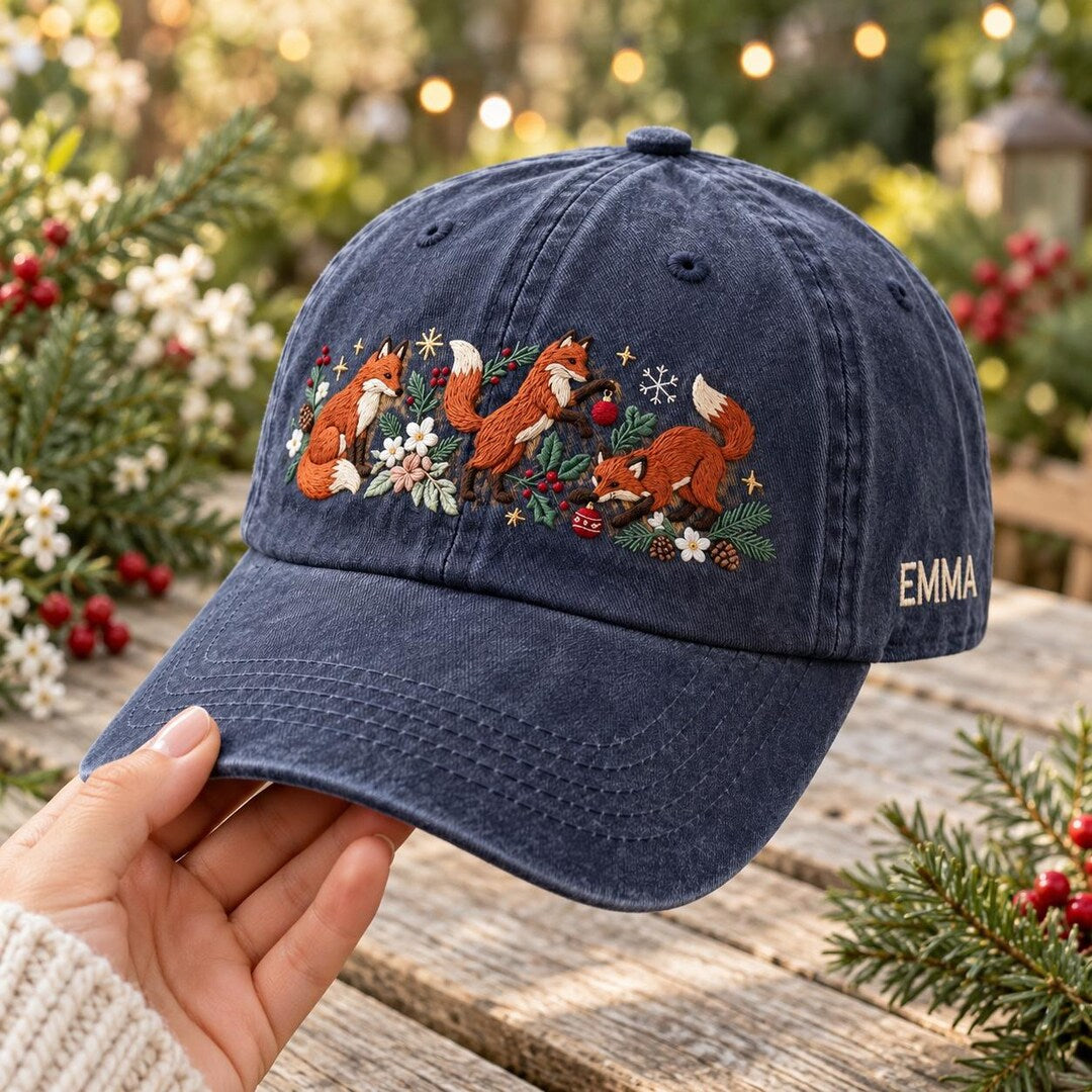 Personalized Christmas Foxes Woodland Floral Holly Berries Ornament Custom Name Embroidered Hat — Washed Hat