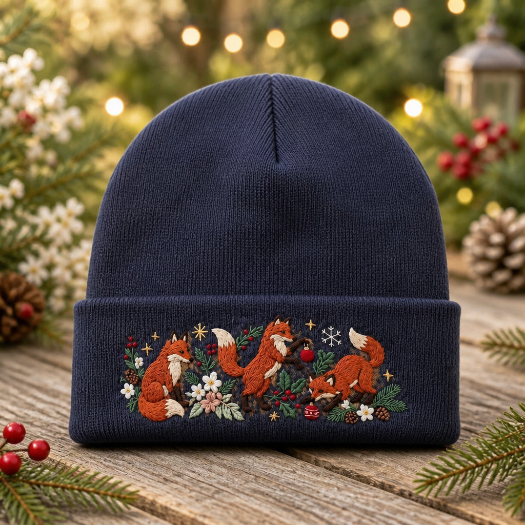 Personalized Christmas Foxes Woodland Floral Holly Berries Ornament Custom Name Embroidered Beanie