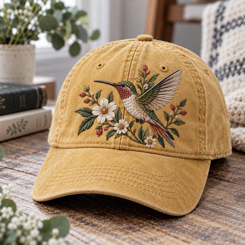 Hummingbird Wildflower Floral Botanical Bird Lover Embroidered Hat — Washed Hat