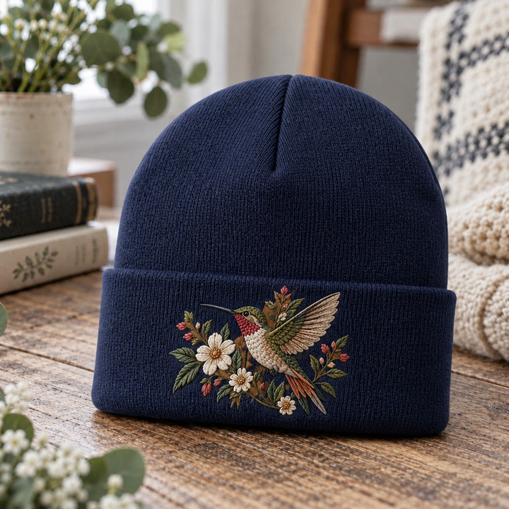 Hummingbird Wildflower Floral Botanical Bird Lover Embroidered Beanie