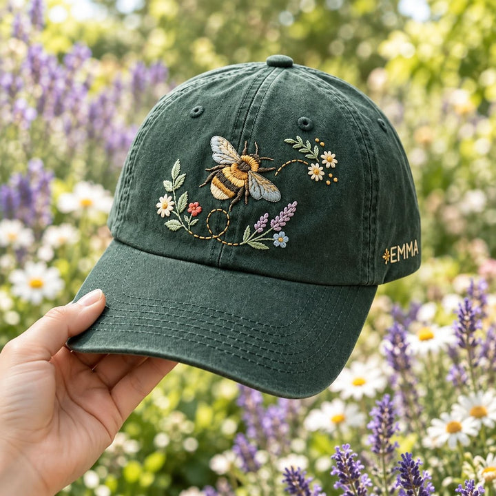 Personalized Bumblebee Wildflower Garden Custom Name Embroidered Hat — Washed Hat
