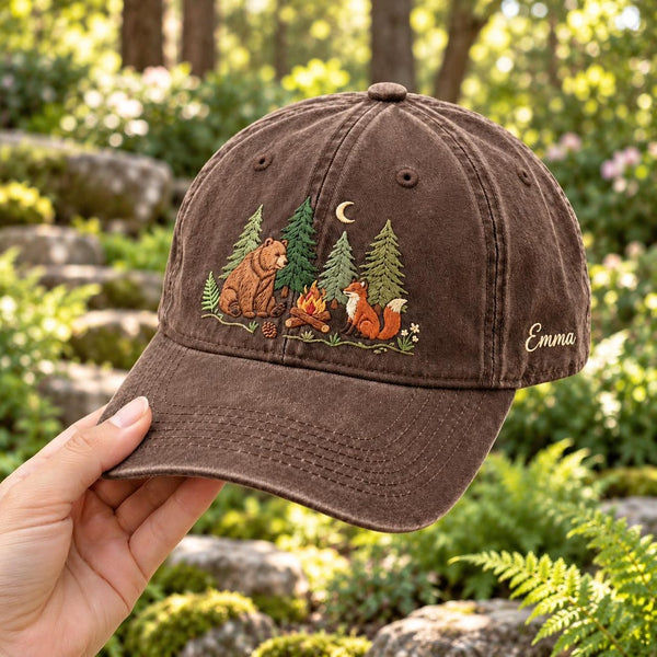 Personalized Bear Fox Woodland Campfire Moon Pine Trees Custom Name Embroidered Hat — Washed Hat