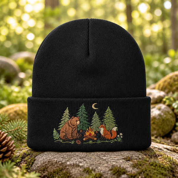 Personalized Bear Fox Woodland Campfire Moon Pine Trees Custom Name Embroidered Beanie