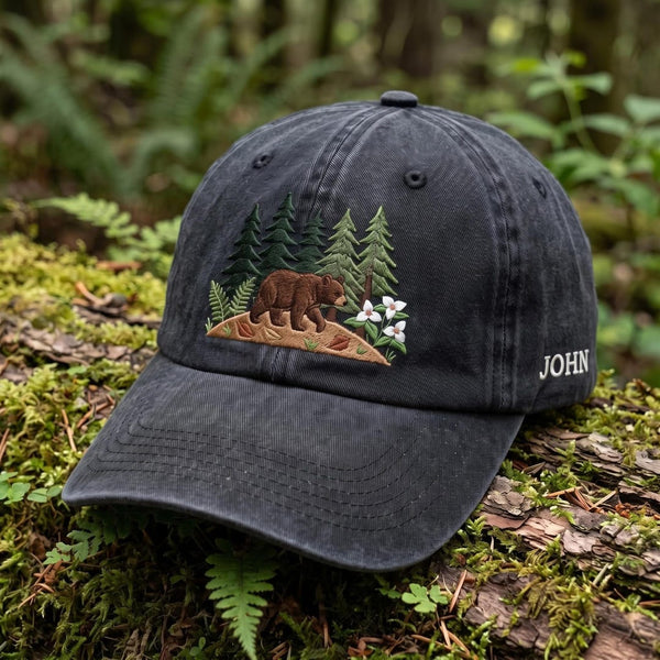 Personalized Brown Bear Forest Fern Trillium Wildflower Embroidered Hat — Washed Hat