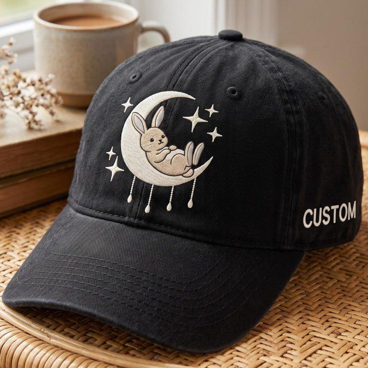 Personalized Bunny Sleeping on Crescent Moon Stars Celestial Rabbit Embroidered Hat — Washed Hat