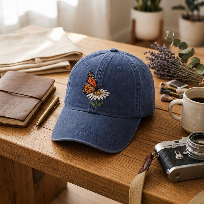 Personalized Monarch Butterfly Daisy Flower Nature Lover Embroidered Hat