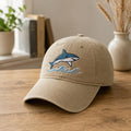 Personalized Great White Shark Ocean Waves Coastal Fishing Custom Name Embroidered Hat — Washed Hat