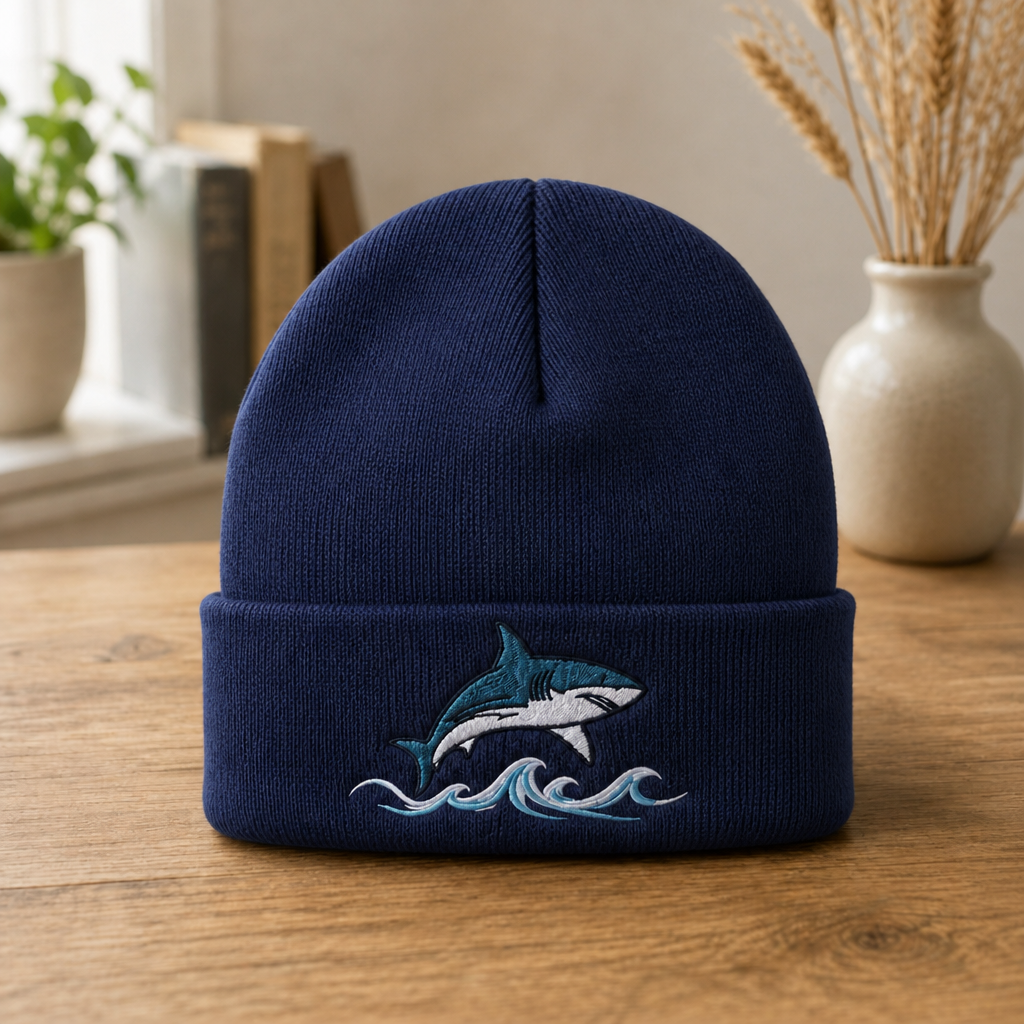 Personalized Great White Shark Ocean Waves Coastal Fishing Custom Name Embroidered Beanie