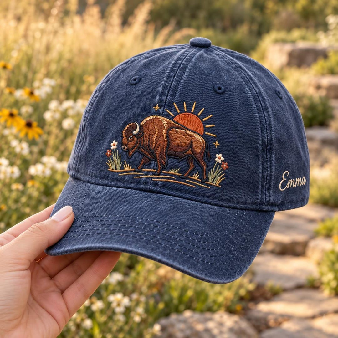 Personalized Bison Wildflower Sunrise Western Wildlife Custom Name Embroidered Hat — Washed Hat
