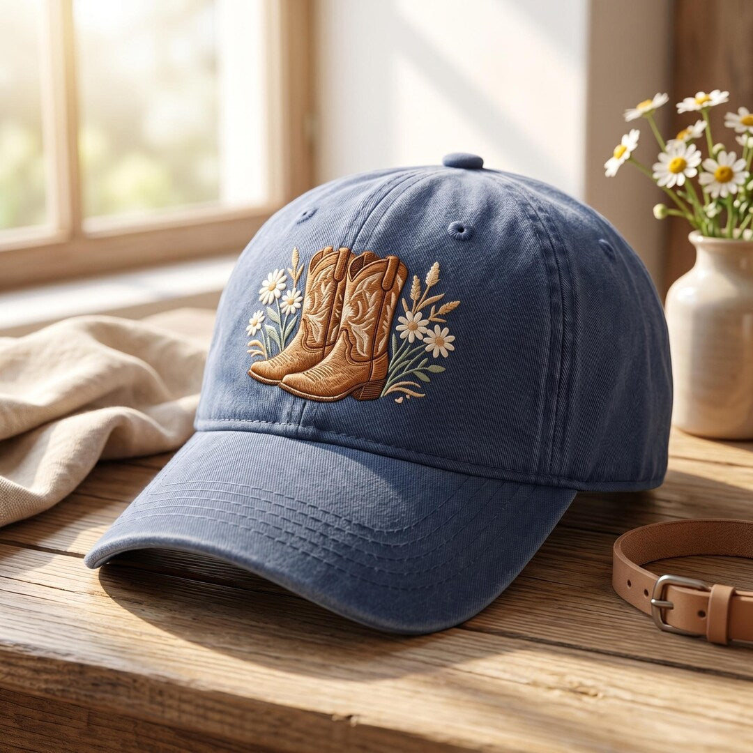 Cowboy Boots Wildflowers Daisy Floral Western Rustic Embroidered Hat — Washed Hat