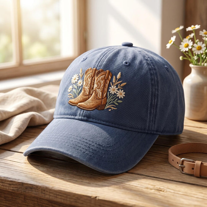 Cowboy Boots Wildflowers Daisy Floral Western Rustic Embroidered Hat — Washed Hat
