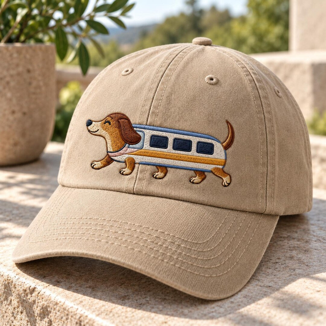 Personalized Dachshund Train Wiener Dog Funny Sausage Dog Embroidered Hat — Washed Hat
