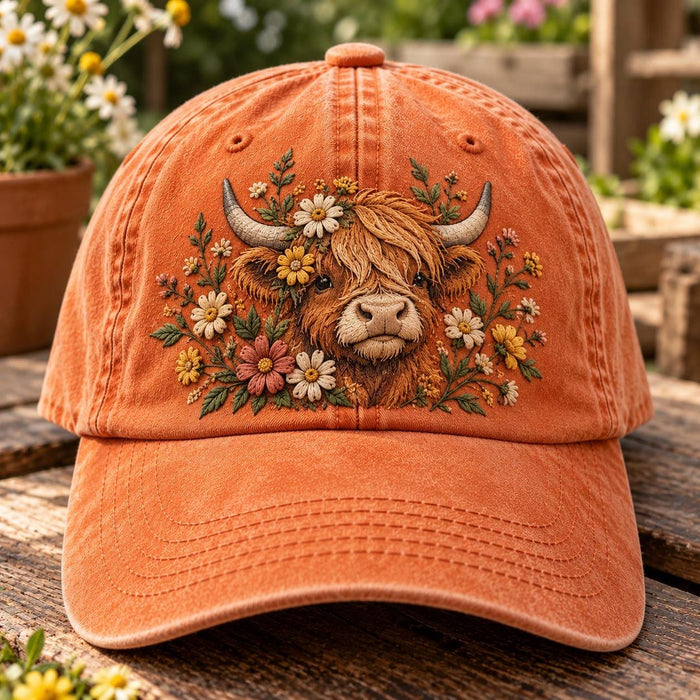 Highland Cow Floral Wildflower Cottagecore Embroidered Hat