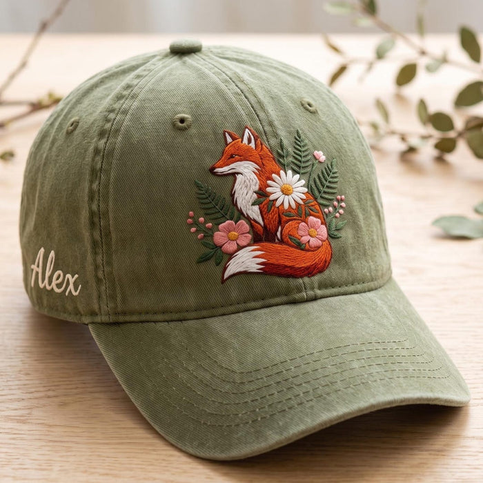 Personalized Floral Fox Wildflower Woodland Sitting Custom Name Embroidered Hat